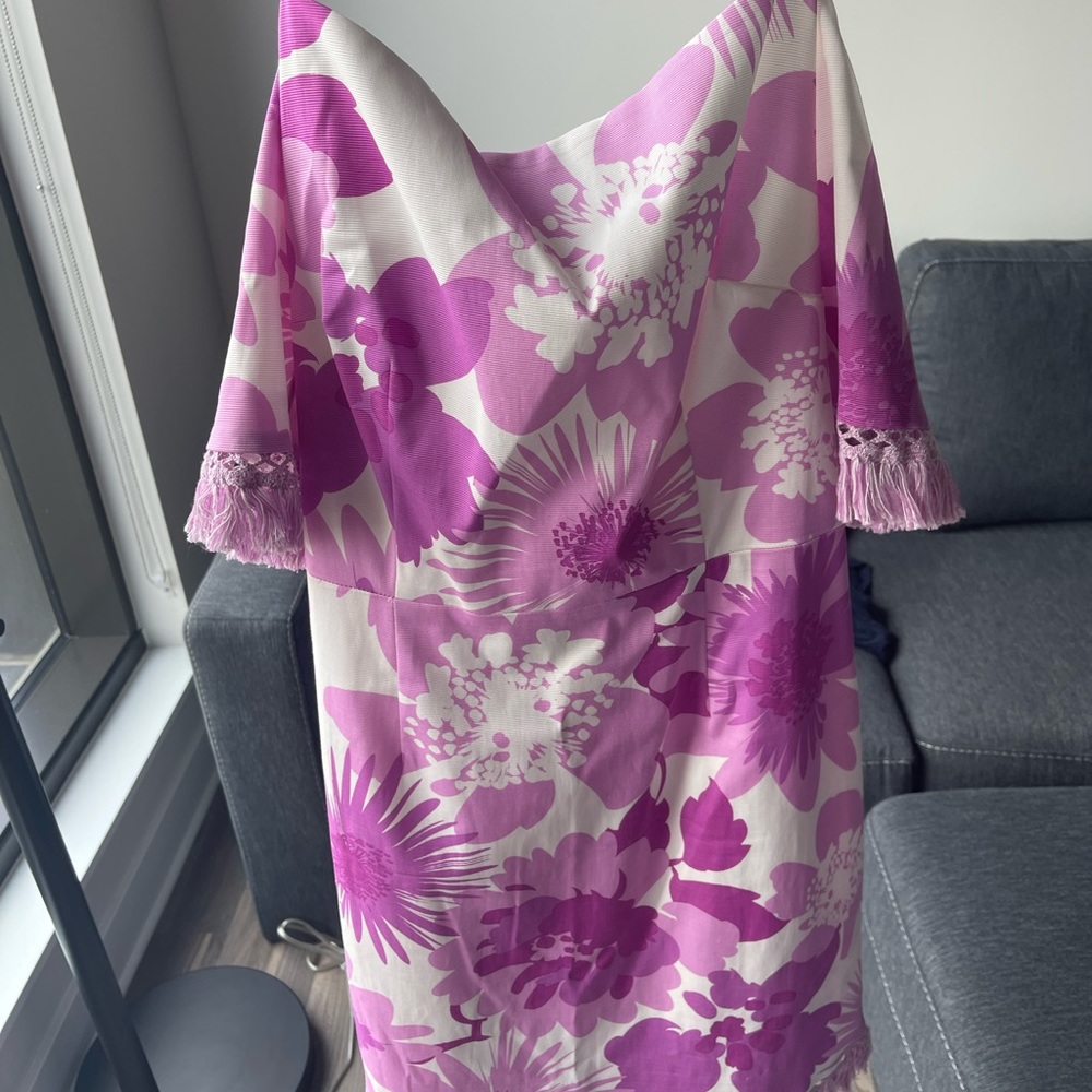 Trina Turk pink-and-white, off-the-shoulder dress. Worn once. Originally $348.